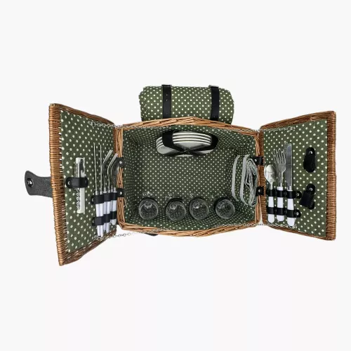 Пикник кошница за 4 души DUKA PICKNICK, зелена на точки